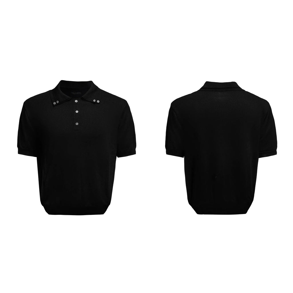 Men's slim knit polyester shirt with double collar lapel design in black, grey or white
