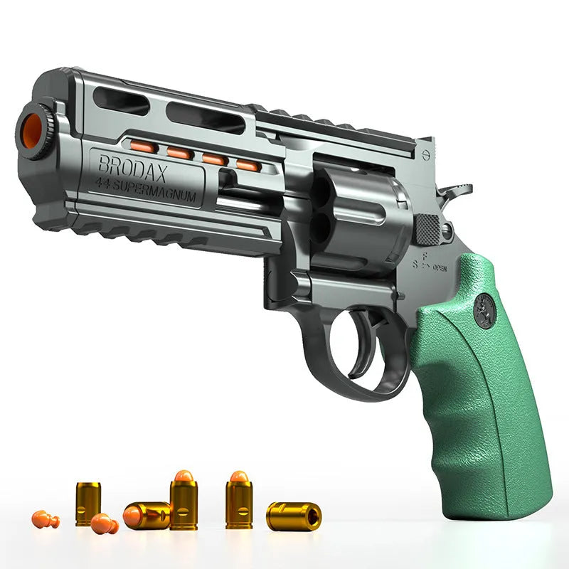 Plastic revolver soft bullet gun with 20 bullets and 6 cartridge cases in army green colour box