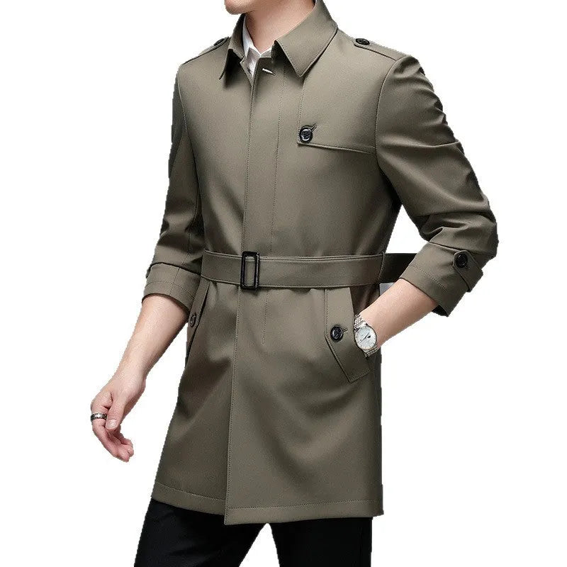 Men's mid-length lapel trench coat in black, 65cm length, chemical fibre blend fabric