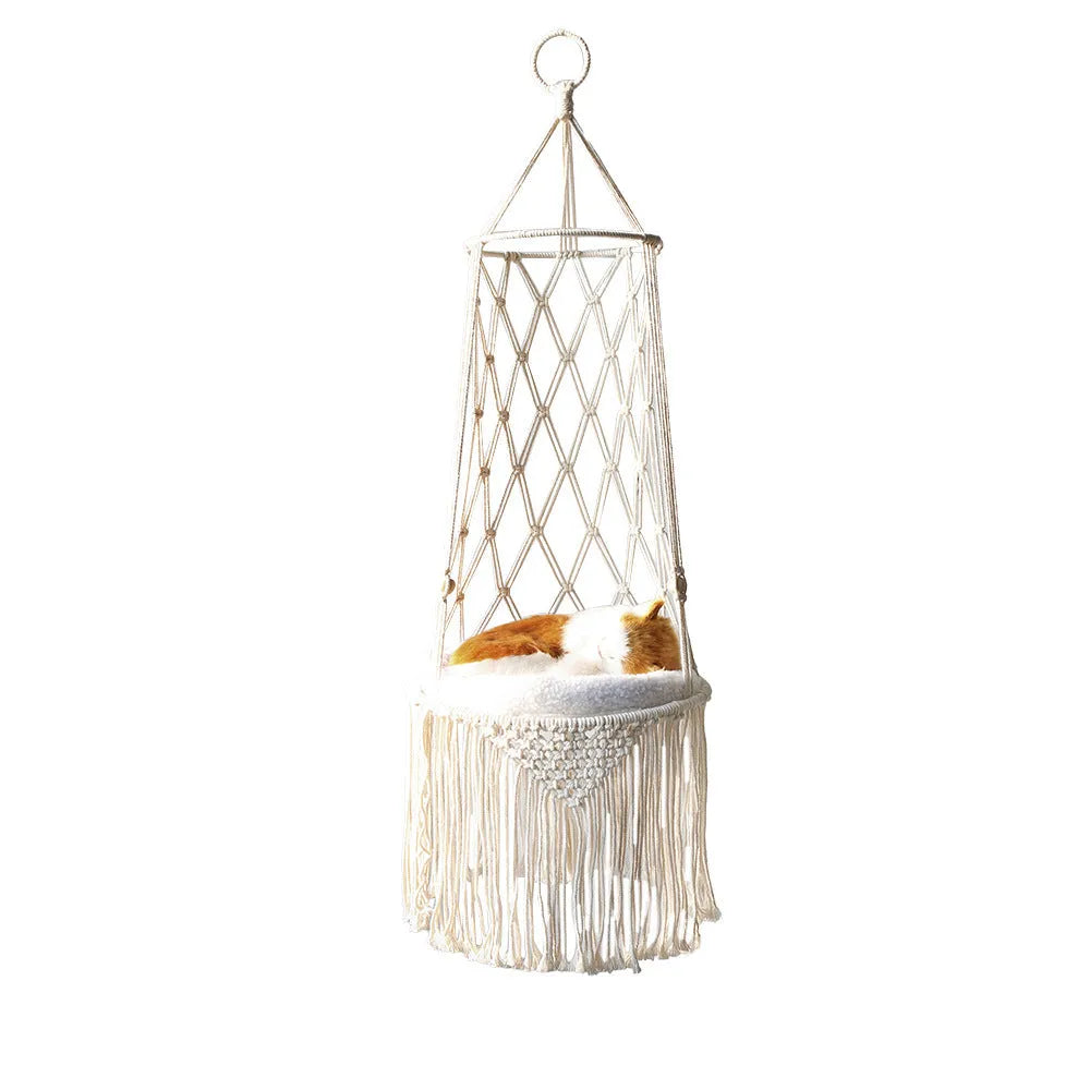 Macrame hanging pet bed handmade cotton rope cat hammock wall mounted natural colour