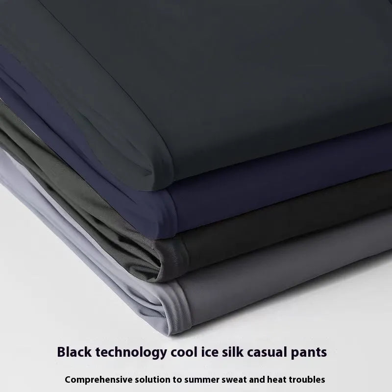 Men's black ice silk straight loose trousers with elastic waistband on hanger