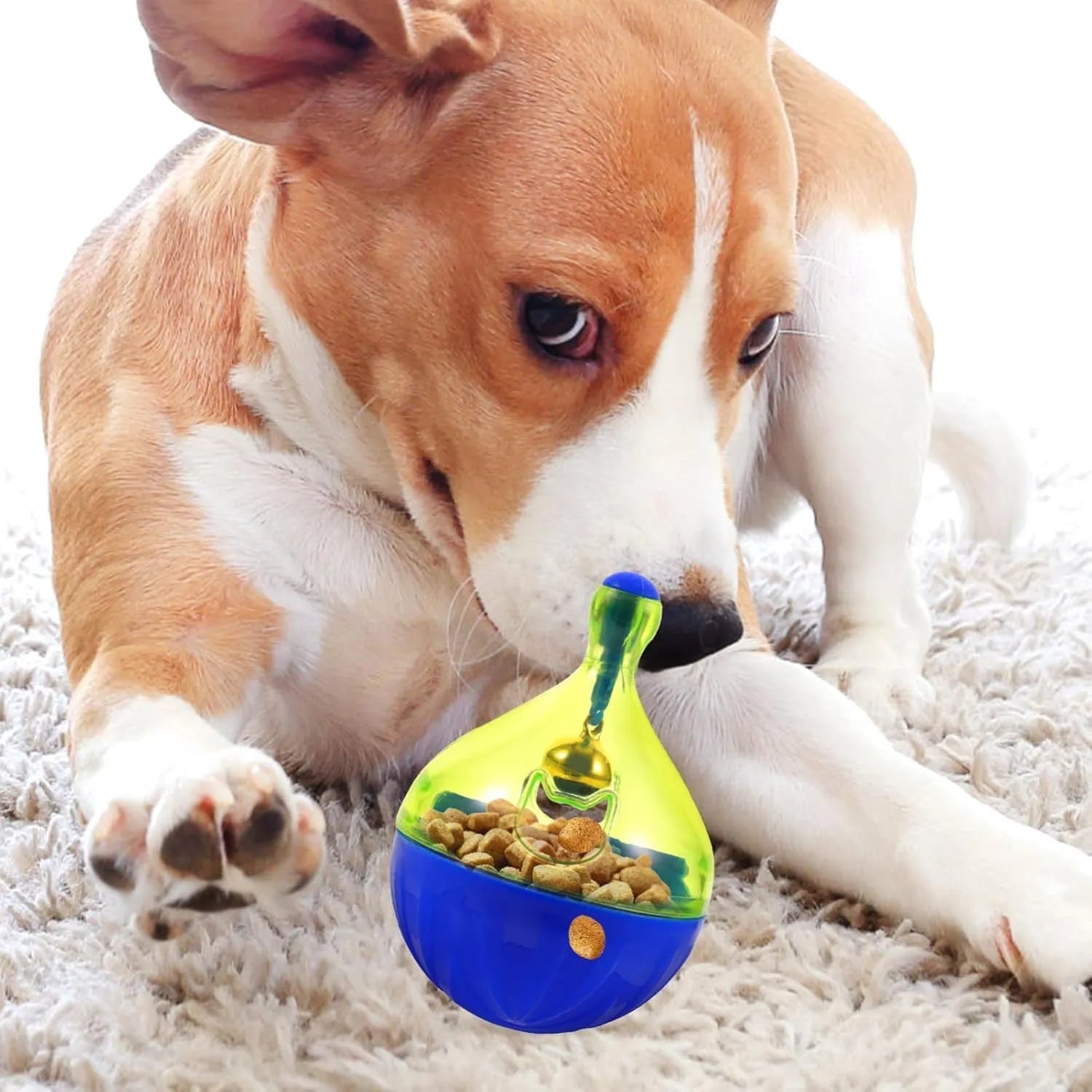 Tumbler-shaped pet treat dispenser toy for dogs and cats measuring 14cm