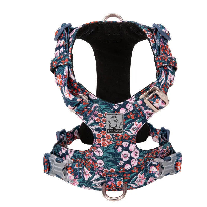 Floral print dog chest harness in pure cotton with pull-resistant strap.