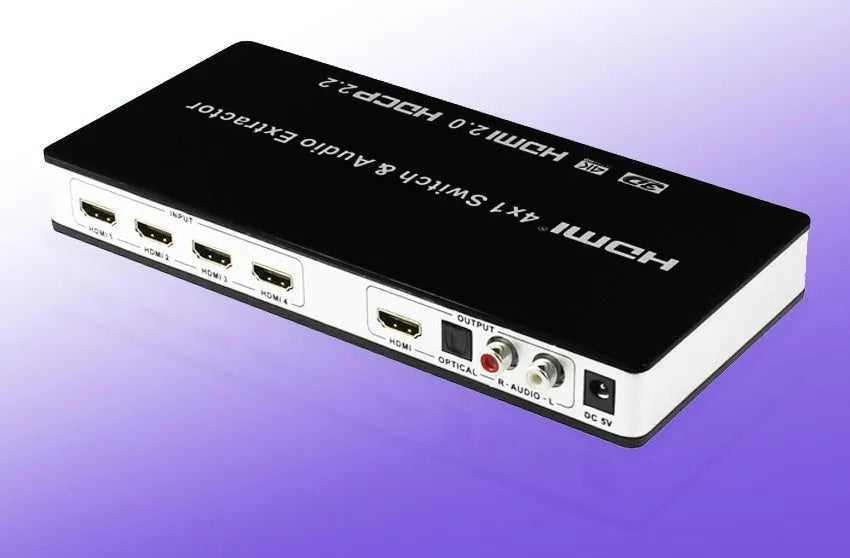 Black HDMI audio-video switch with 4 input ports and 1 output port, remote control included