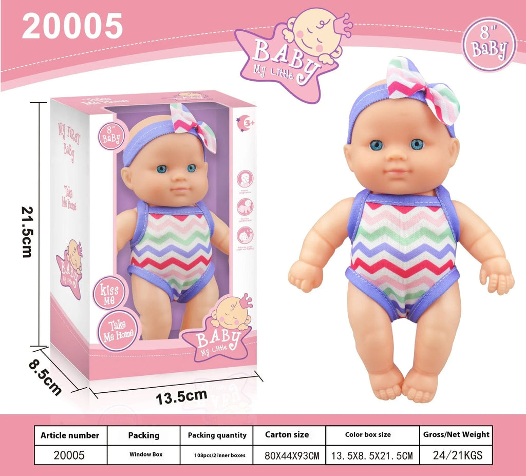 Simulation baby vinyl figurine doll in colour box packaging, 21.5cm tall, realistic design