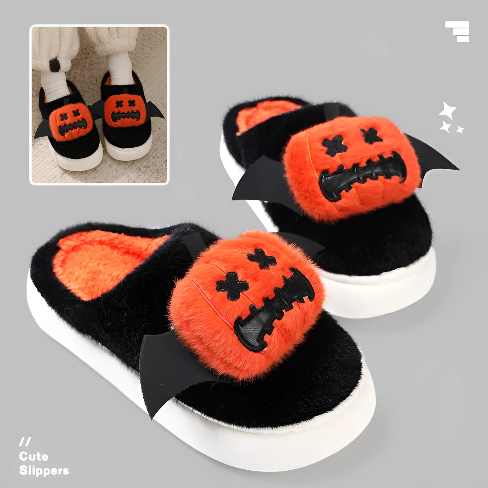 Halloween cartoon pumpkin slippers with small wings, black, non-slip indoor cotton slippers unisex baotou round toe