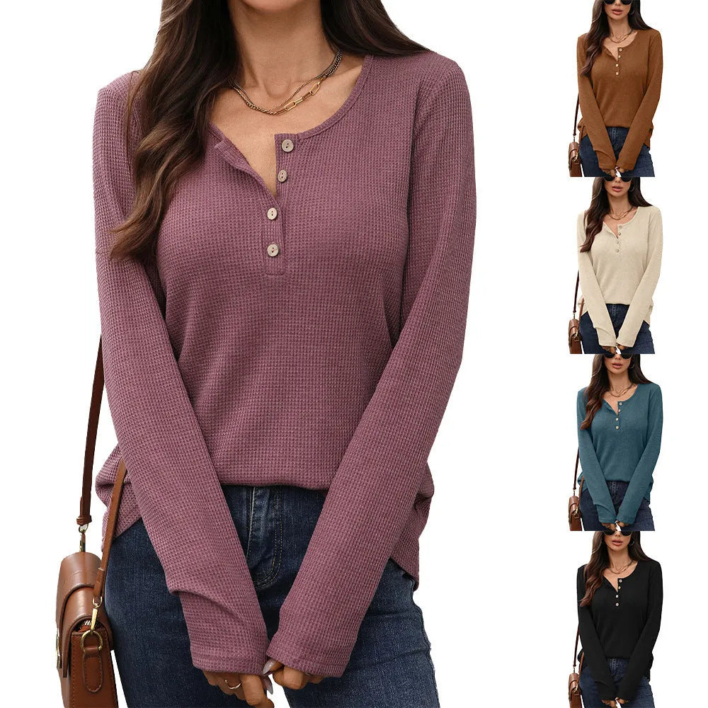Women's waffle knit long sleeve top with round neck and button detail in solid colour, loose fit