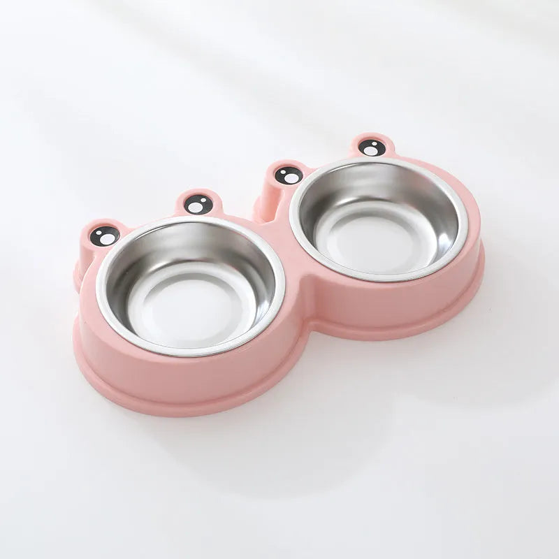 Stainless steel pet double feeding bowl with frog design in blue, green, and pink colours