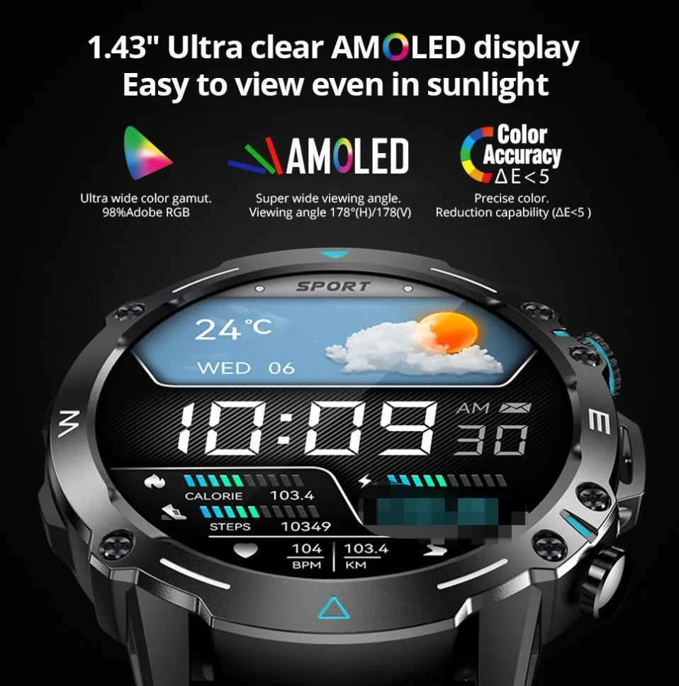 M42 smart watch with large AMOLED screen in black, sports IP68 waterproof design
