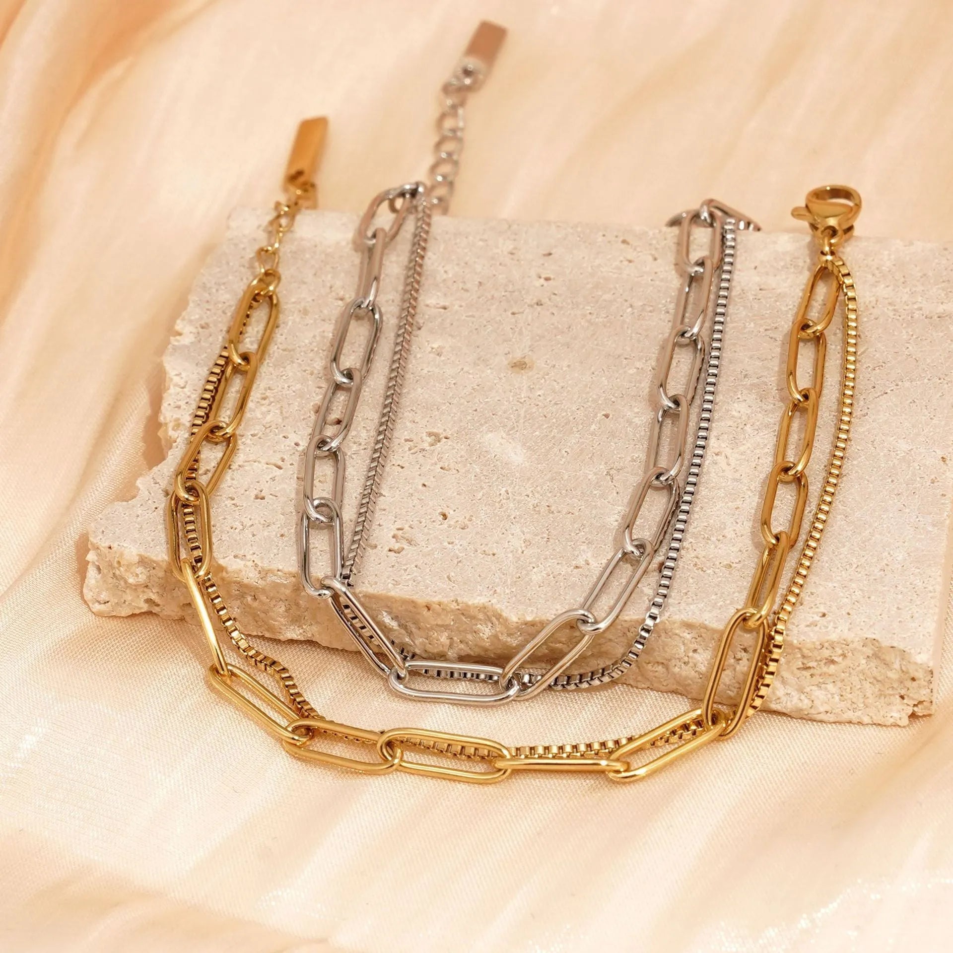 Double layer titanium steel bracelet with geometric line design in gold or silver colour