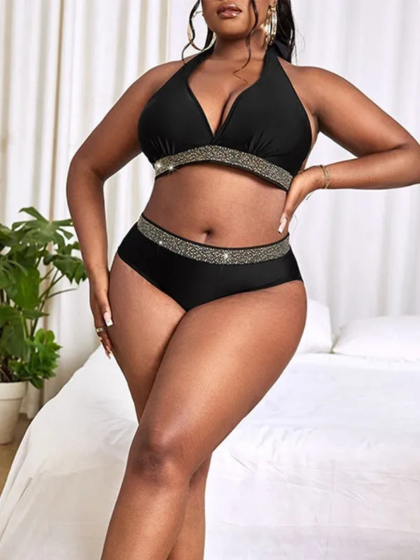 Black plus size women's swimsuit bikini with bra top and shorts