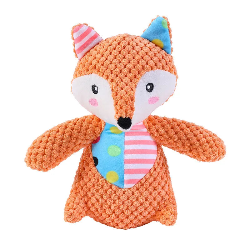 Plush dog squeaky toy with bite resistant fabric and collision colour pattern for small and large breeds