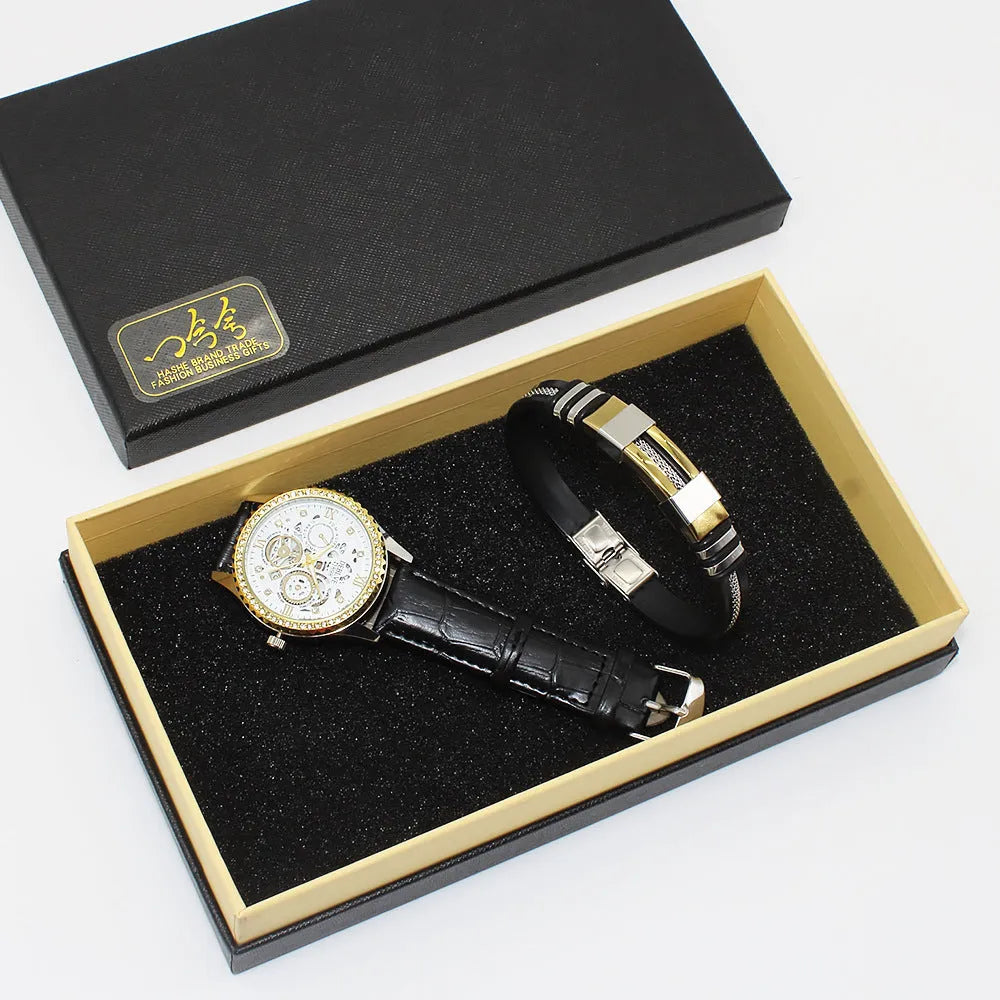 Black plate men's and women's couple watch set with metal bracelets in gift box