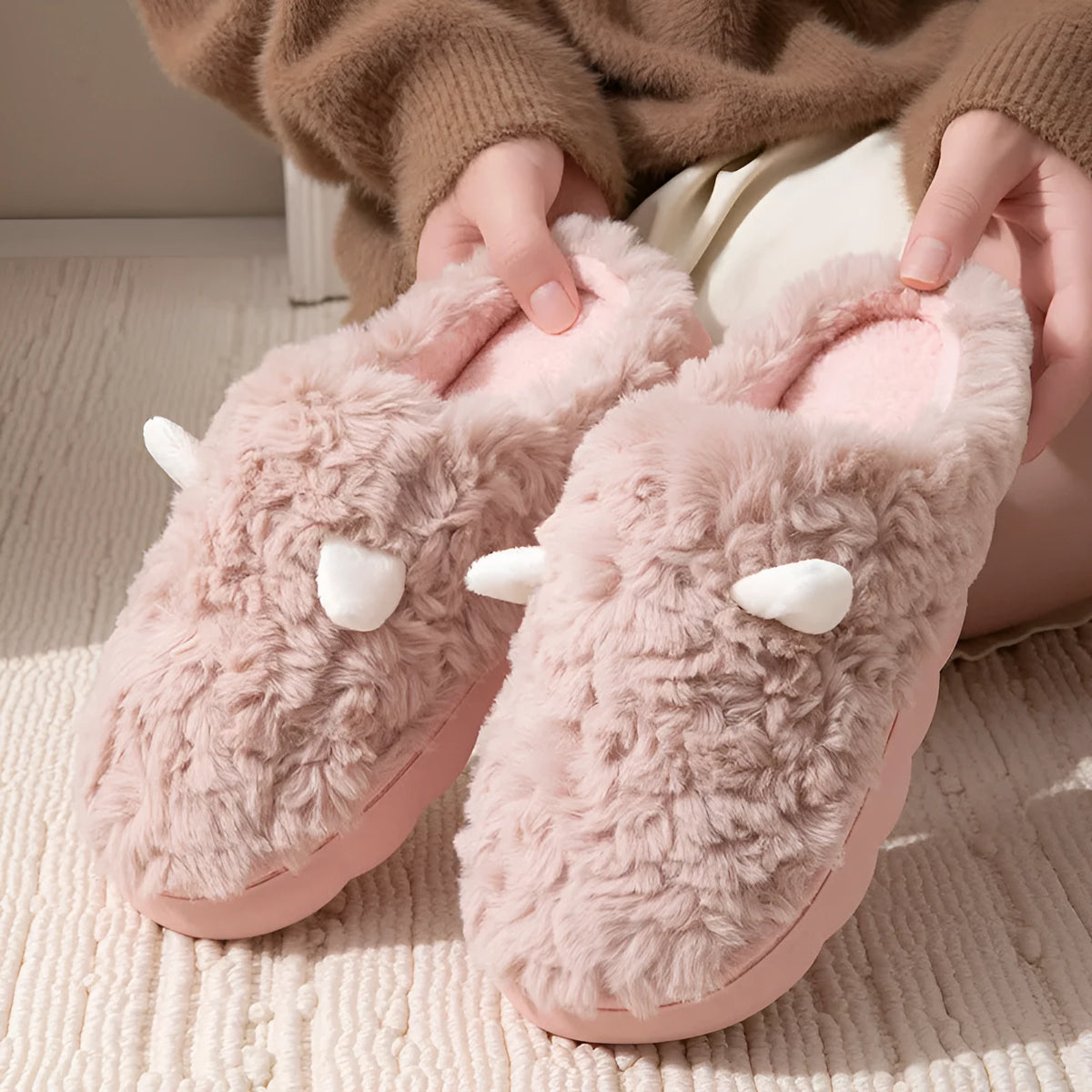 Non-slip thermal cotton slippers with plush upper and sewn sole, unisex, shown in pink, white, light green, coffee or gray