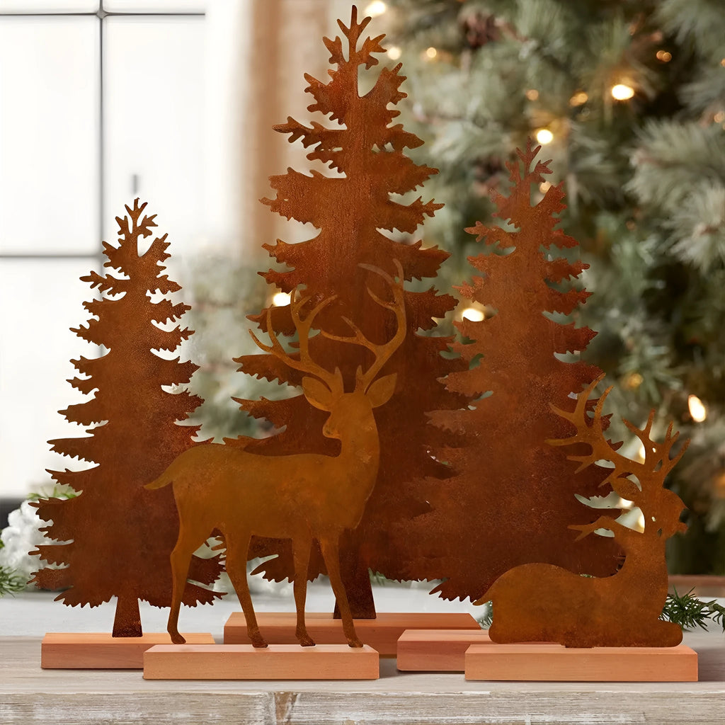 Set of three rustic metal Christmas decorations featuring elk and tree figures