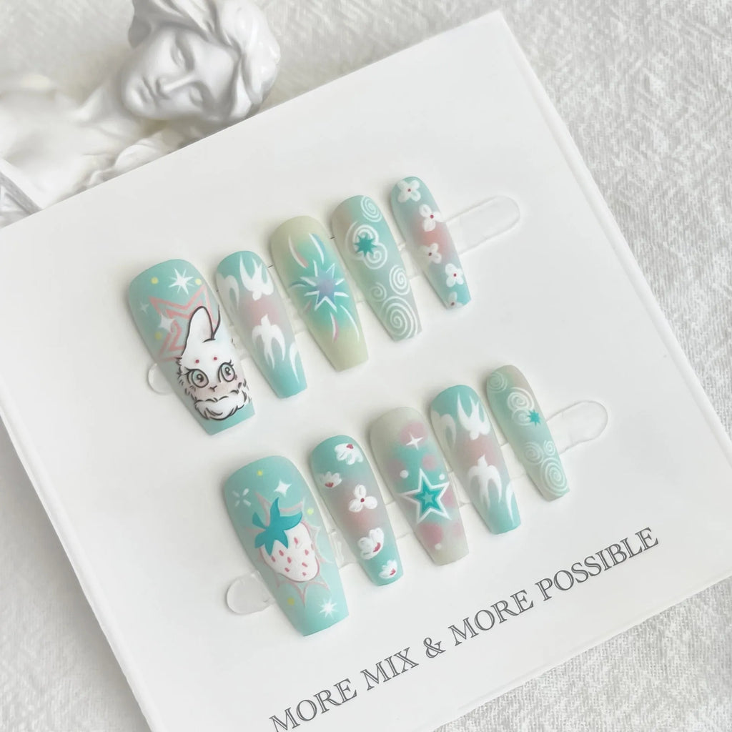 Cartoon cute rabbit middle ladder fake nails with cat's paw pattern, Rabbit Planet XB2-902, 40 pieces.