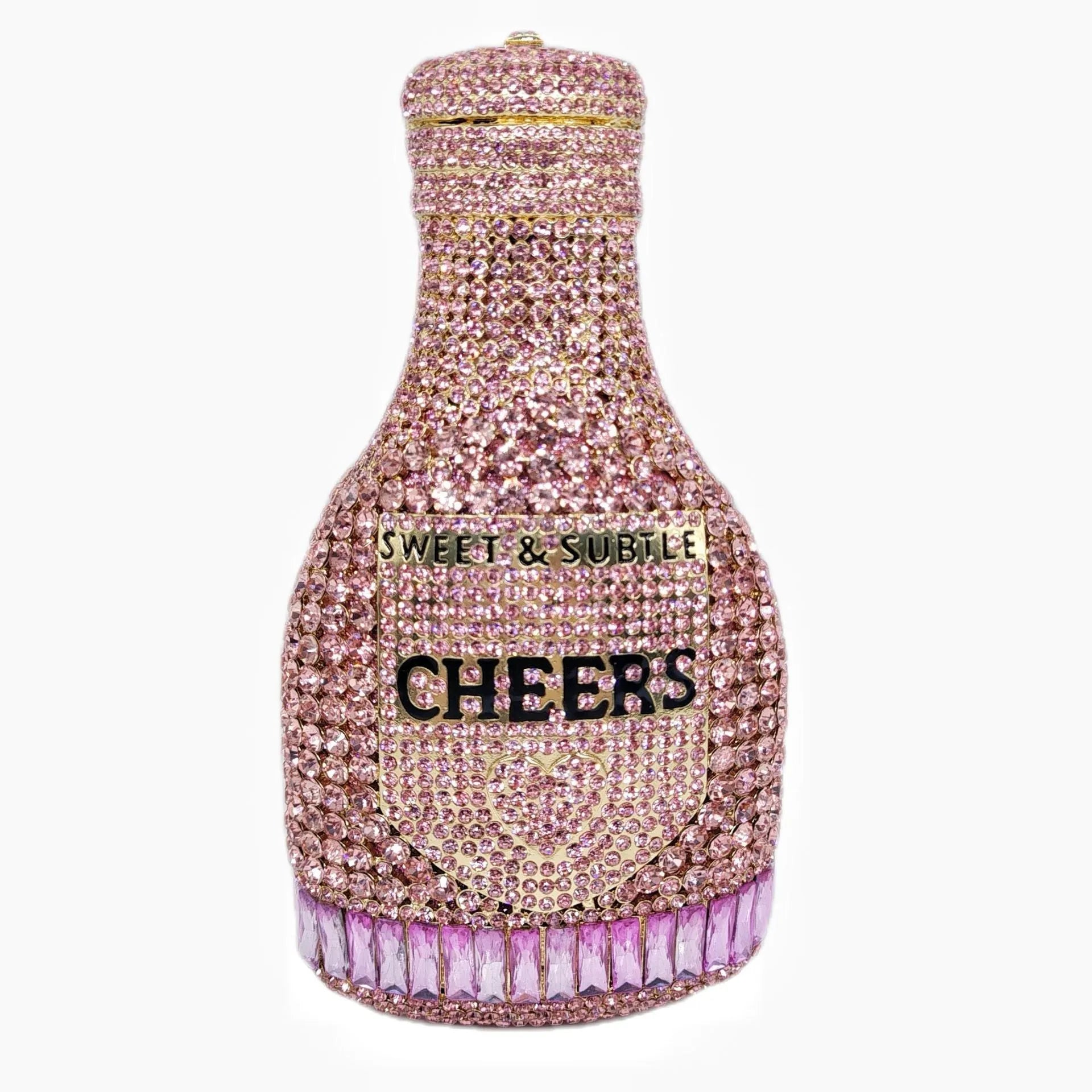 Gold champagne bottle shaped evening clutch with rhinestone decoration on black background