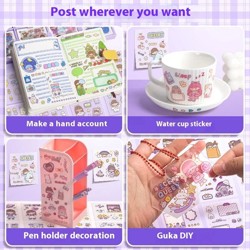 Children's sticker notebook box showing five colourful themes: Cute Meatballs, Peach Tea Party, Star Team, Nini Diary