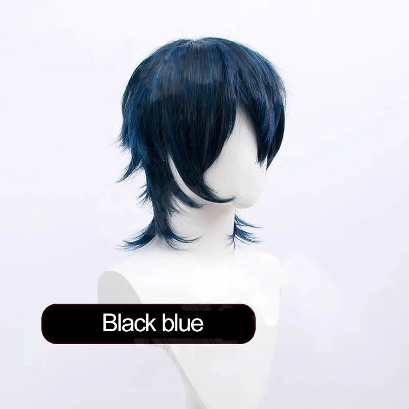 Short black and blue anime-style cosplay wig for men with a lengthened tail.