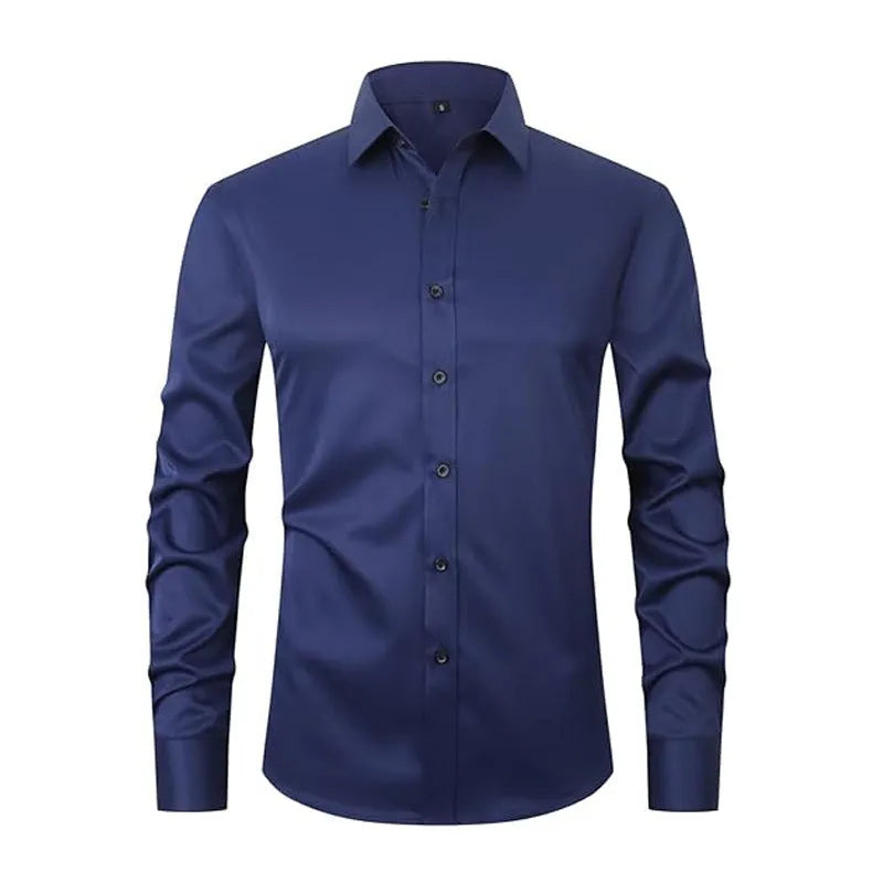 Men's grey stretch long sleeve work shirt made from polyester fabric on a hanger