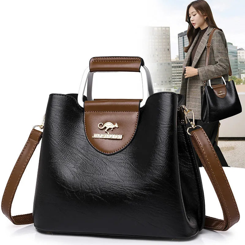Large capacity PU tote bag in soft leather-look texture horizontal square shape with sewing line detail available in Black Dark Brown Green Red