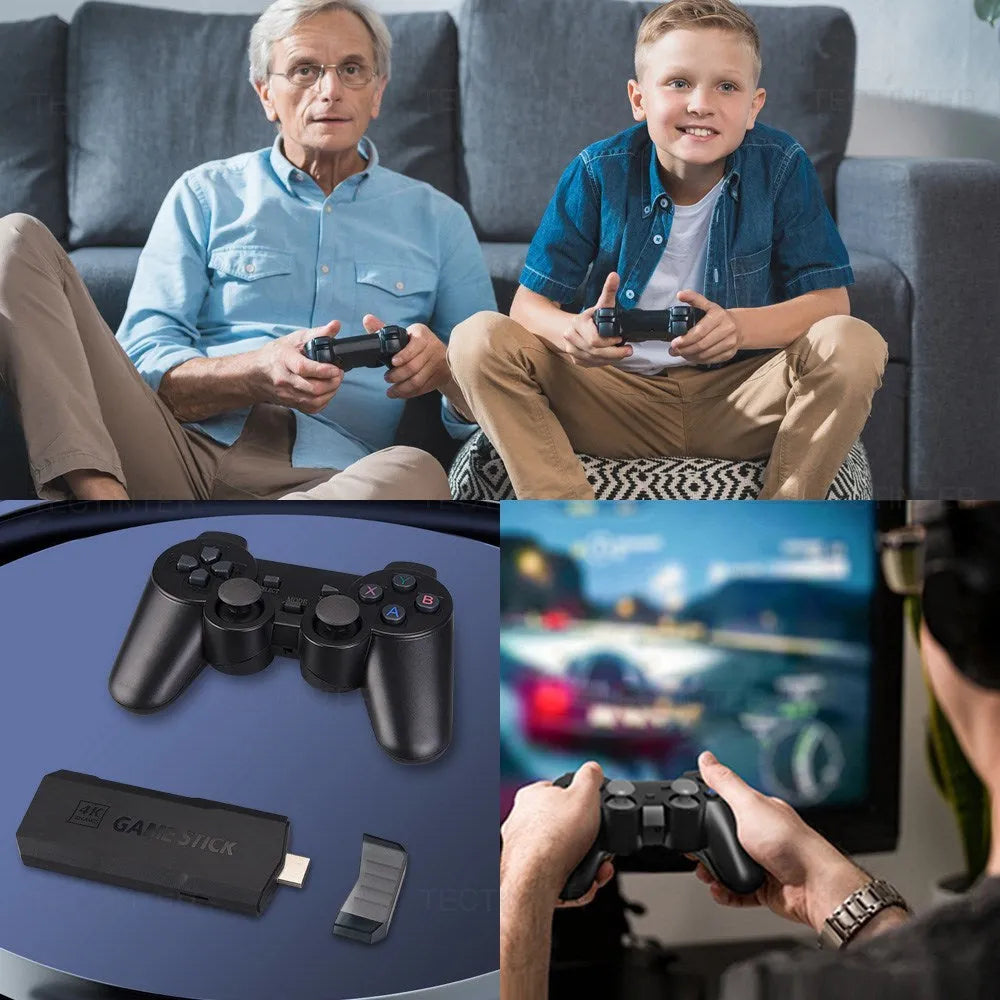 HD Home TV Game Console in e-sports style with wireless handle on a black surface