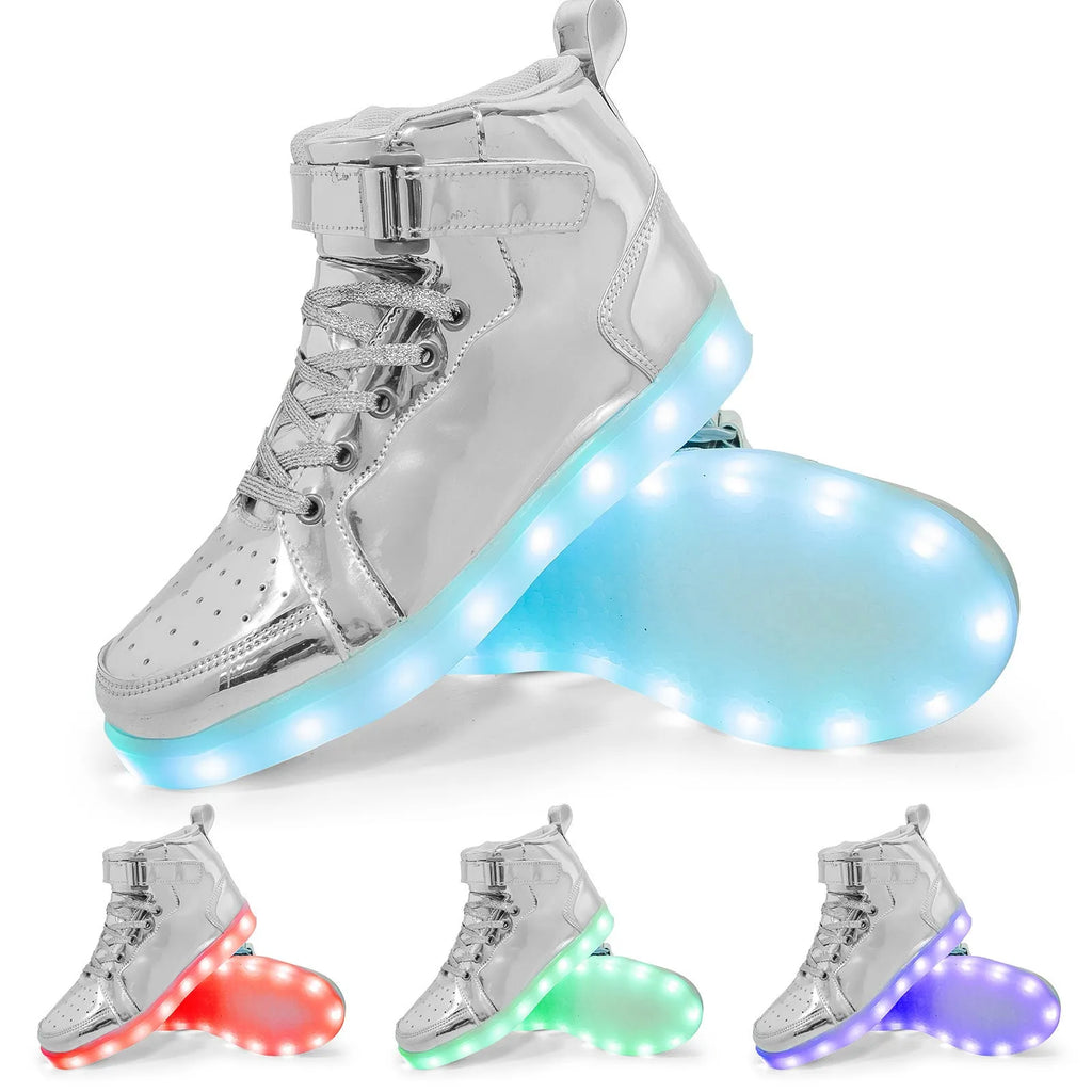 LED light-up high-top sneakers with Velcro strap in various colours on a solid background