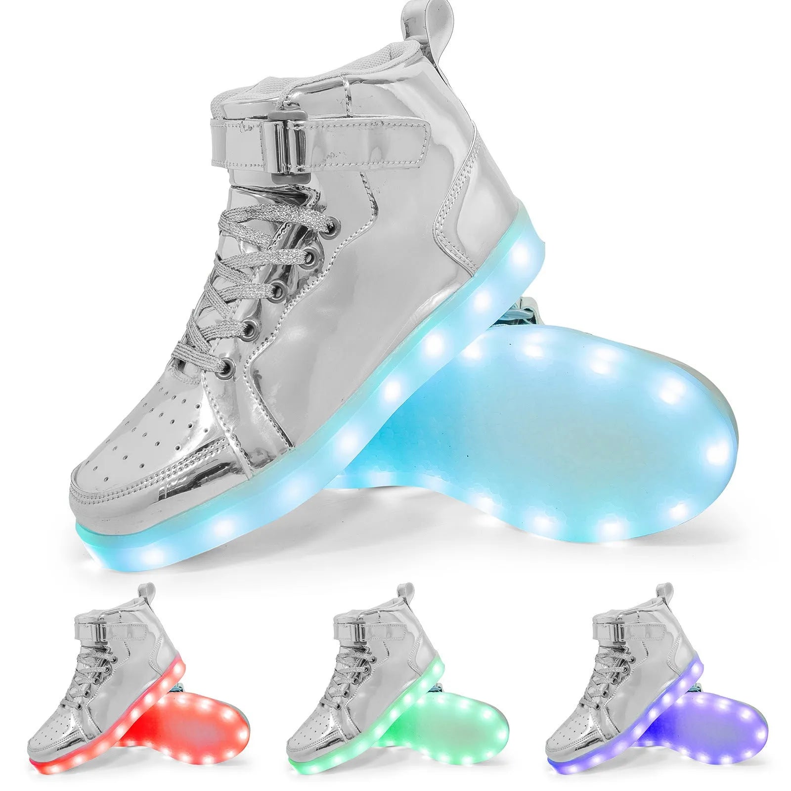 LED light-up high-top sneakers with Velcro strap in various colours on a solid background