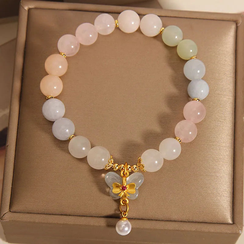 Women's adjustable crystal bracelet with colourful morganite butterfly pendant