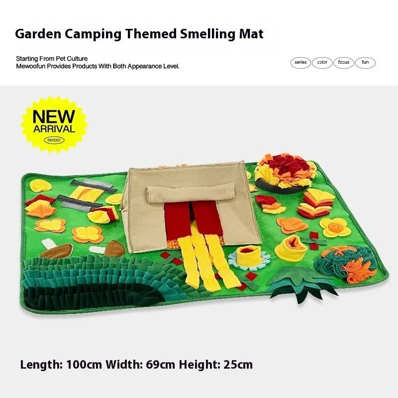Plastic fabric dog sniffing mat in a thematic design, used for hiding food treats as a pet enrichment toy