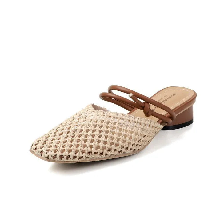 Women's black square toe slippers with hollow-out design and thick chunky heel