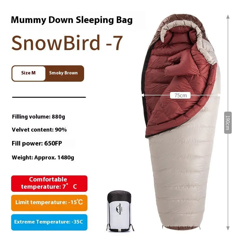 Snowbird goose down mummy sleeping bag in snowbird colour with storage bag.