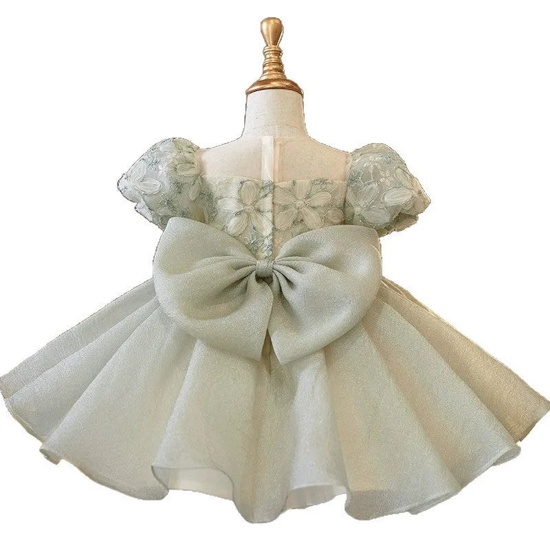 French children's birthday dress in fruit green for girls, princess style, polyester blend, suitable height 80-150cm with bow option