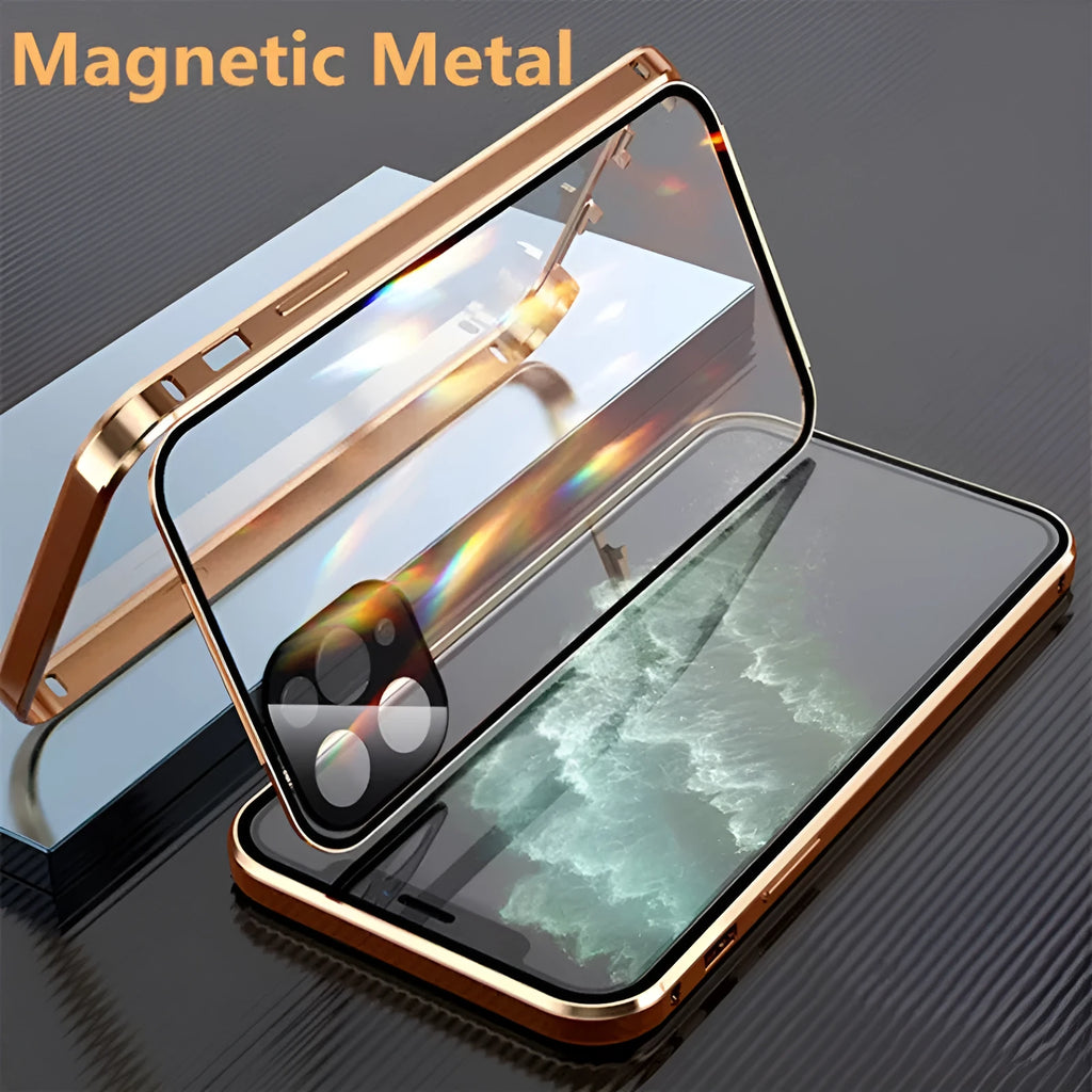 Black aluminium frame and tempered glass back bumper case for Apple iPhone on a table.