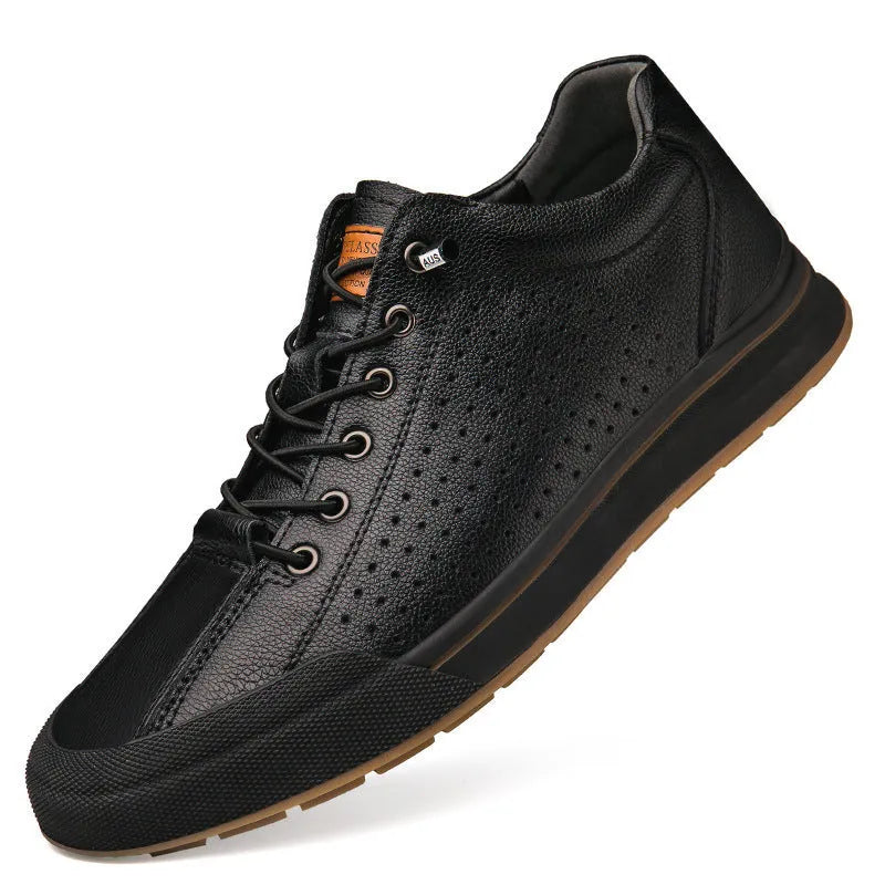 Men's white breathable leather shoes with round toe and flat heel in matte finish