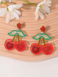 Colourful acrylic stud earrings with cherry, strawberry, watermelon, pineapple, coconut, cake, and ice cream designs.