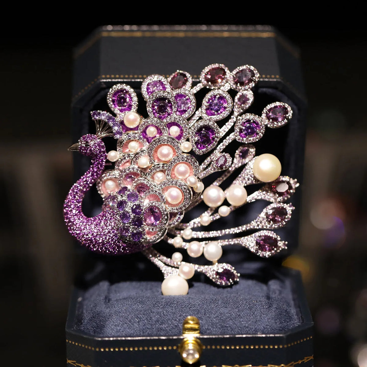Alloy Freshwater Pearl Peacock Brooch in Style1 gold-tone finish with faux pearl beads and cabochon centre on white background