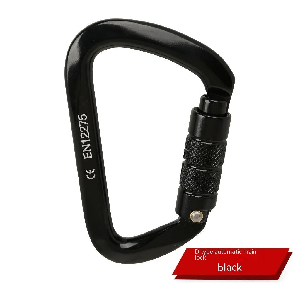 Steel D-shaped climbing carabiner showing automatic and screw-gate types in assorted colours.