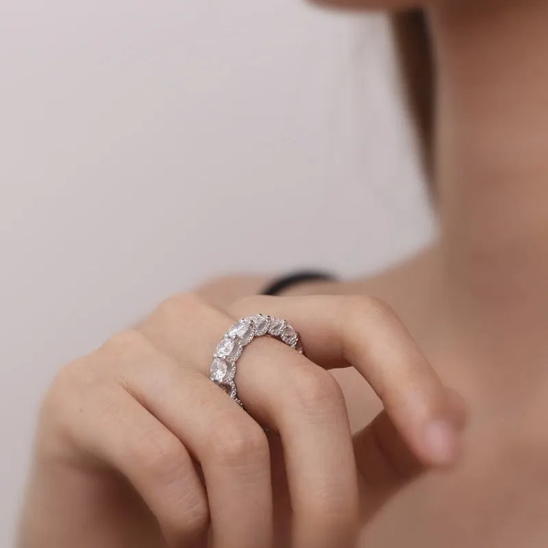 S925 sterling silver row diamond ring for women with inlaid zircon, geometric round design, sizes No 6 to No 8