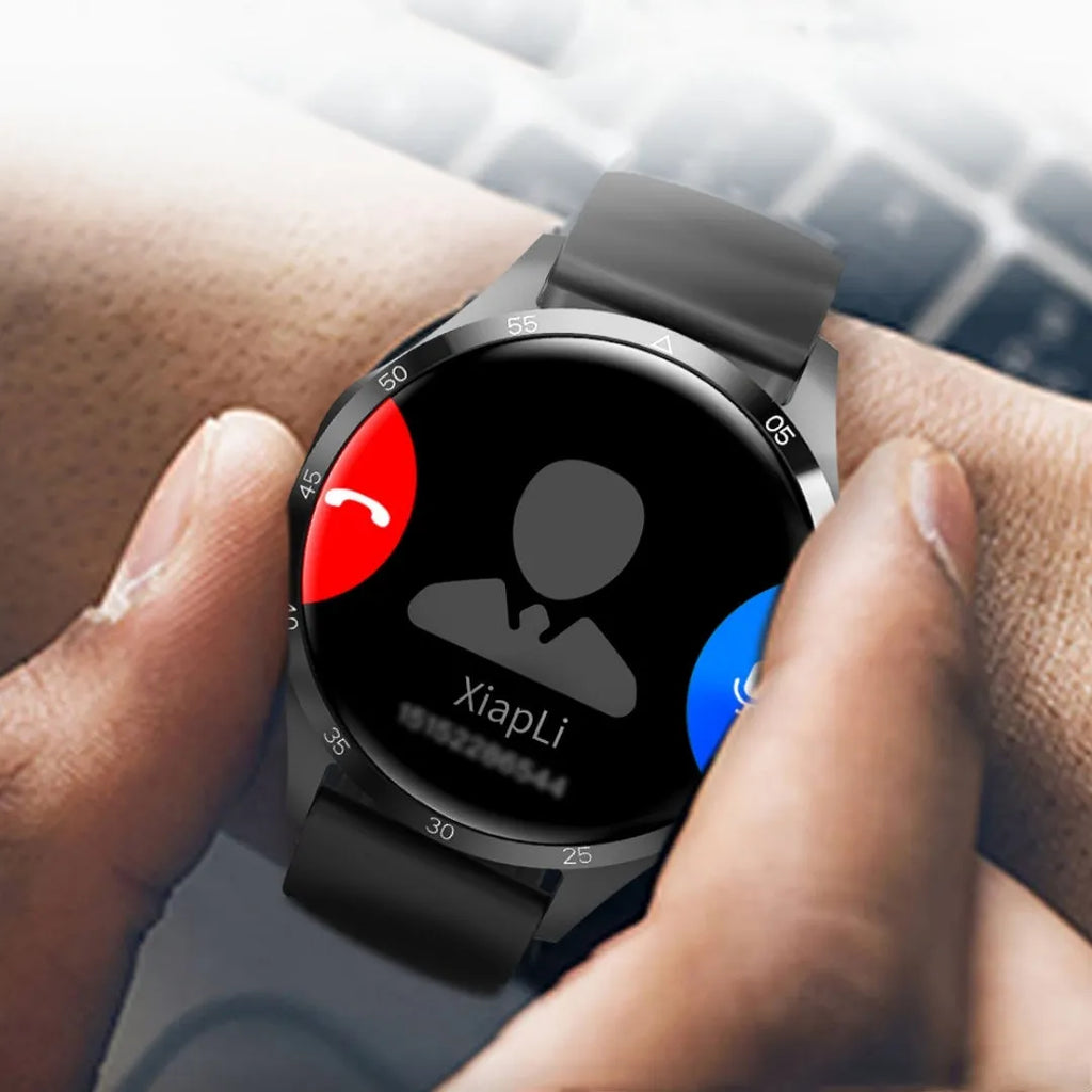 Black Bluetooth smartwatch with touch screen displaying health metrics, available with silicone or Milan net strap options
