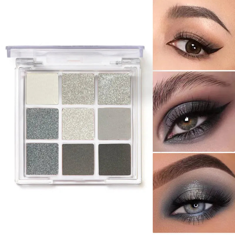 Nine-colour smoked eye shadow plate showing white, silver, black, and iron grey shades in INS style case