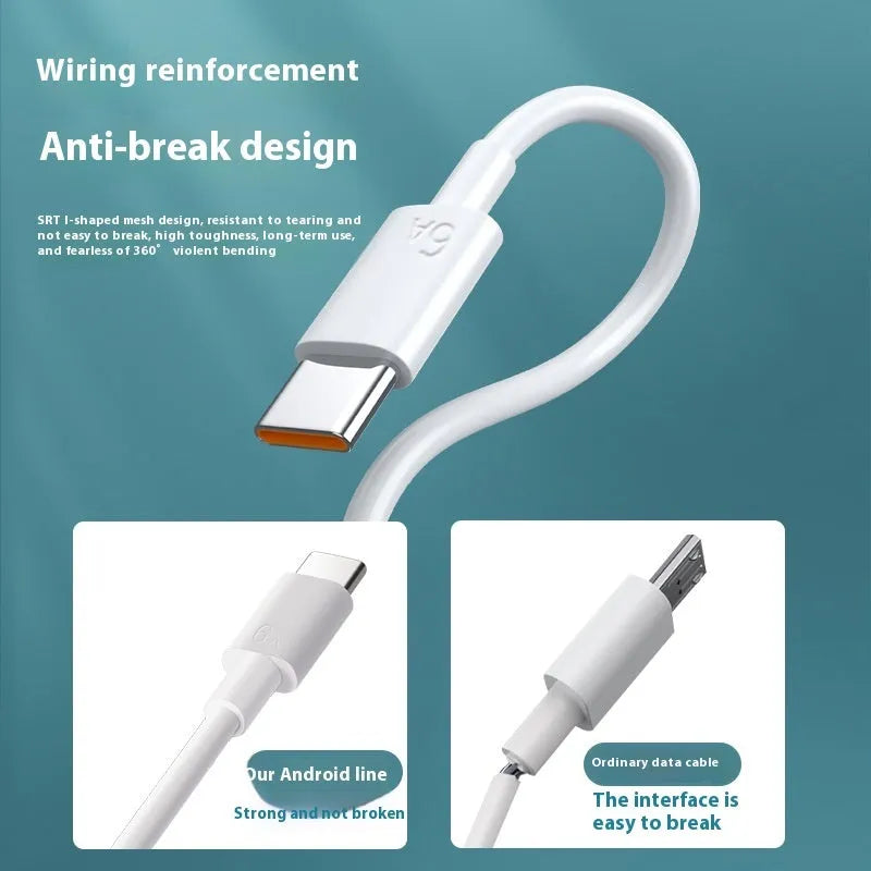 White 6A super fast charge data cable with TYPE-C, Micro USB or Lightning interface, 0.3m to 2m, PVC