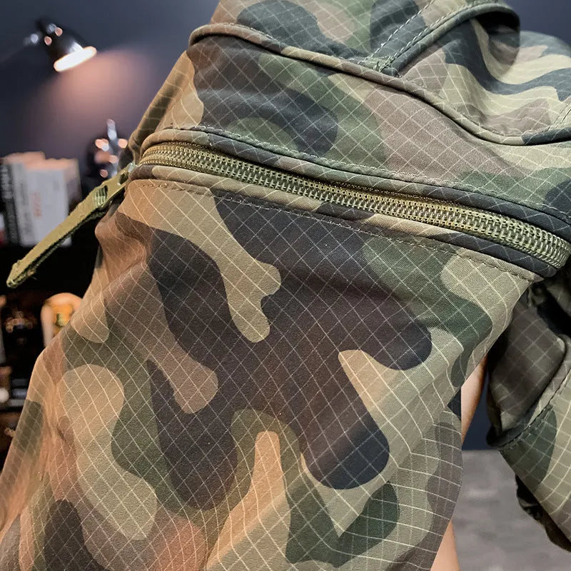 Men's camouflage pattern loose-fit cotton blend cargo shorts on a hanger