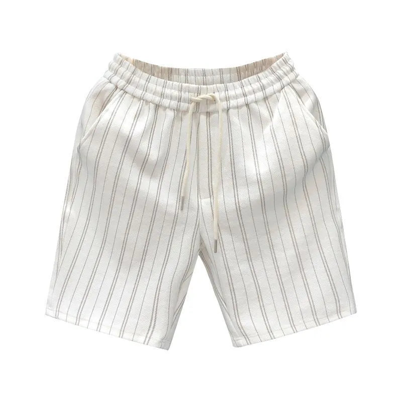 Men's black and white striped casual shorts with fleece lining and elastic waistband shown in straight cut design