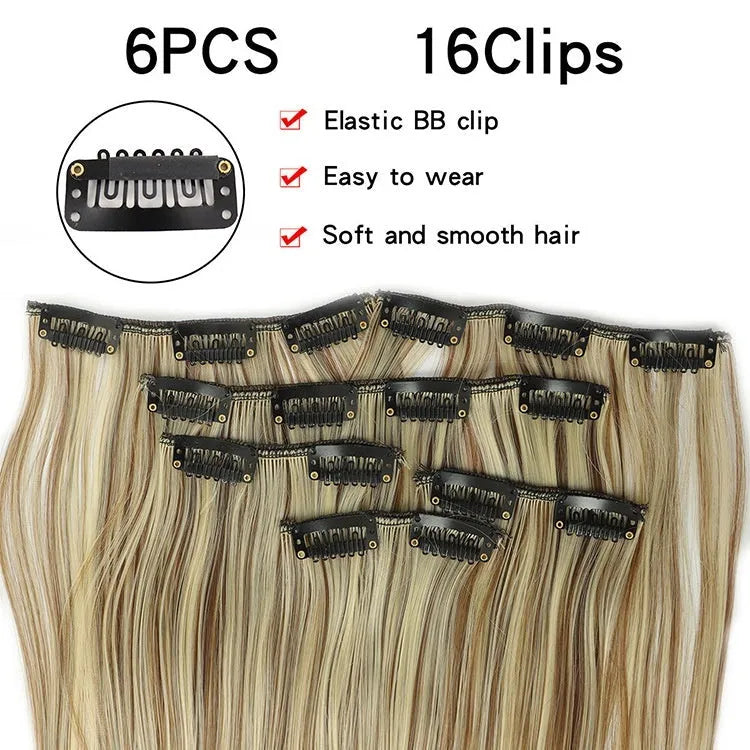 Straight wig extension set 60cm long in multiple high temperature fibre colour options for ladies
