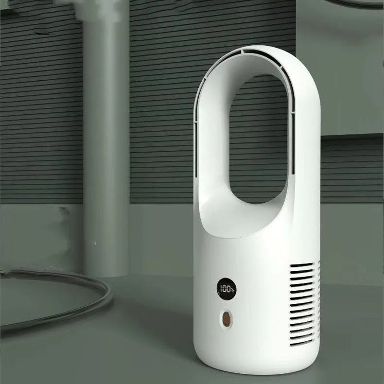 Electric bladeless fan cooler with LED display and Type-C charging port on a desk