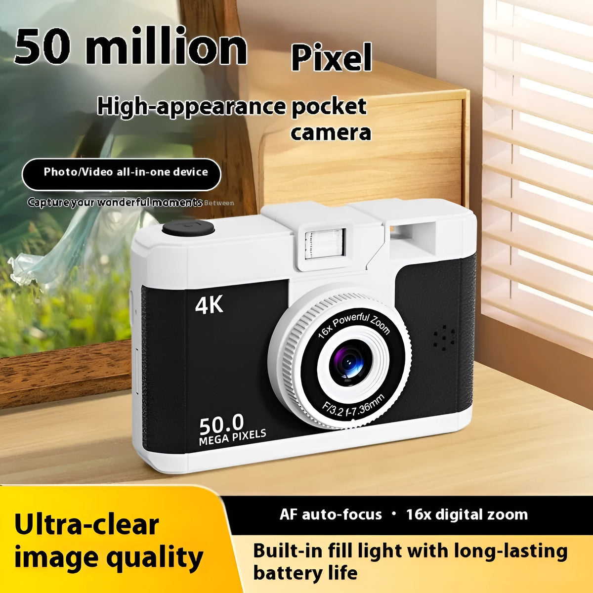 Children's camera with automatic printing, ultra HD video, LCD screen, 104 x 66 x 24 mm, six colours
