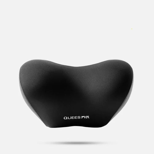 Black and grey memory foam lumbar support pillow and headrest on a car seat.