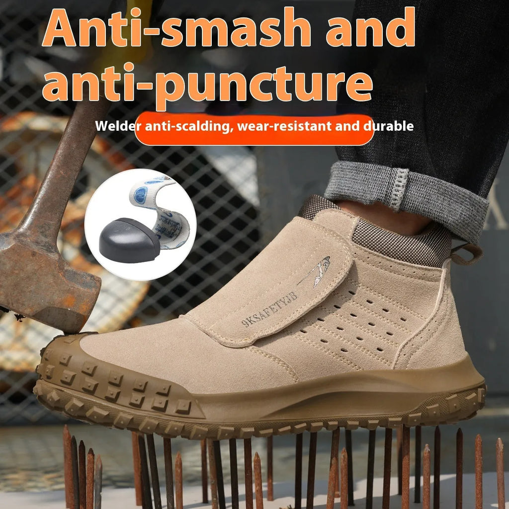 Low-top welder safety shoes with steel toe cap and lace-up front, in sand colour.
