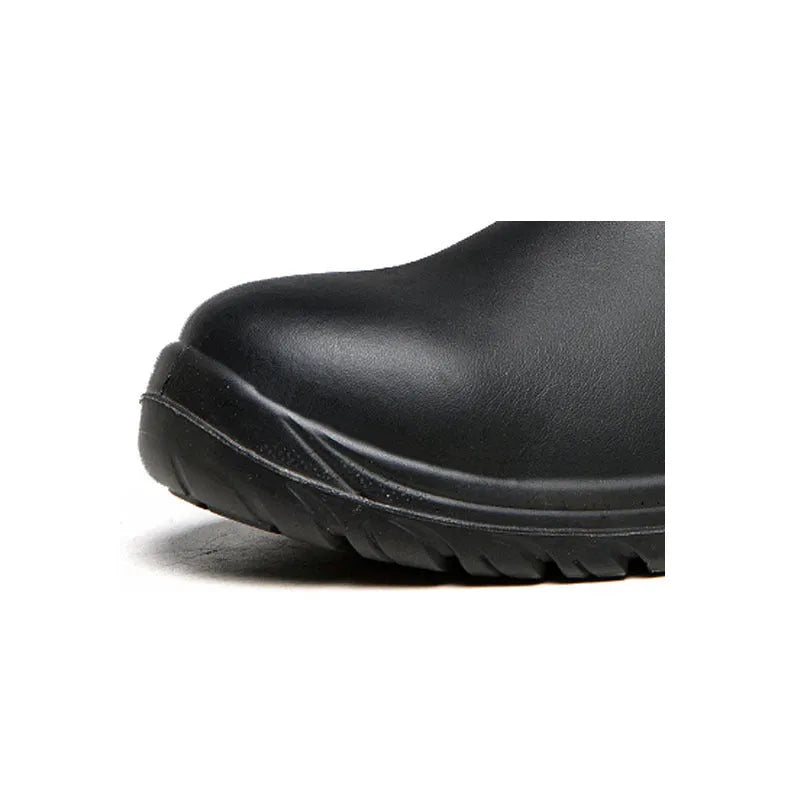 Black leather safety work boots with high-top design and anti-piercing soles